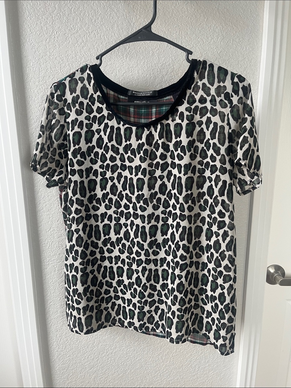 MAISON SCOTCH green leopard and plaid top size 2 medium